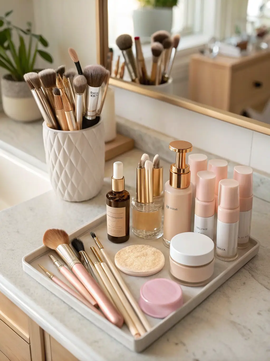 An elegant arrangement of Lashay Avenue's curated wellness tools and accessories, such as brushes and soap dishes, displayed on a stone surface with natural light.