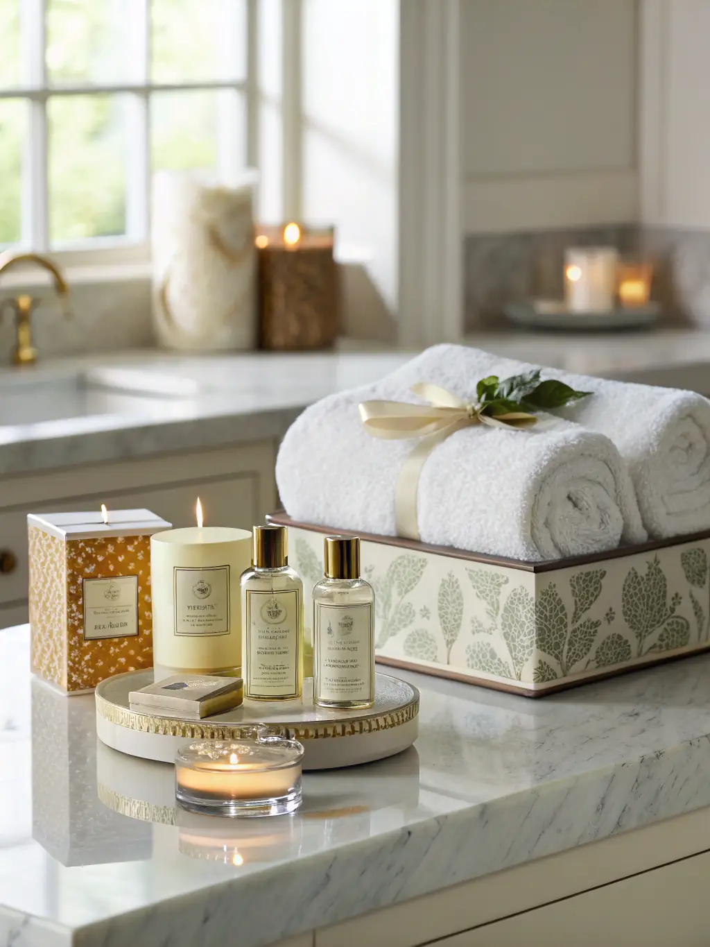 A serene image of Lashay Avenue's spa collection, featuring a selection of soaps, body care items, and accessories, set in a minimalist spa-like environment.